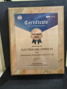 BPL Medical Technologies Certificate of Appreciation PLATINUM AWARD  Awarded To ELECTROCARE SERVICES For Outstanding Performance in FY 17-18